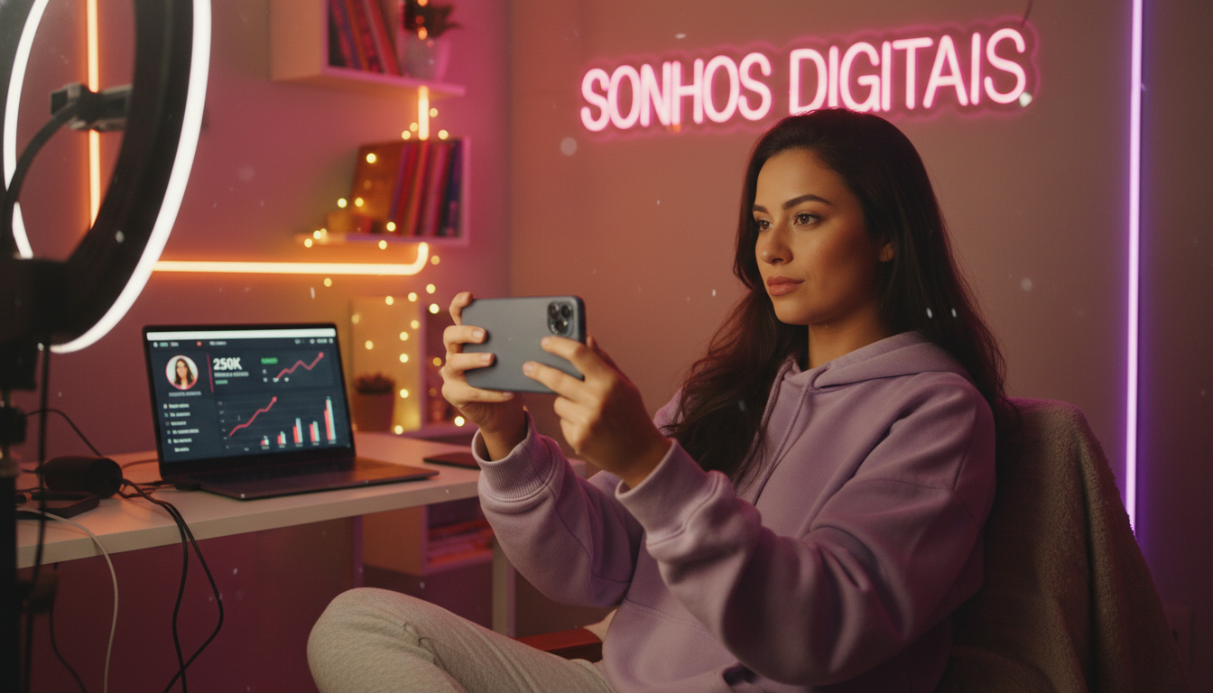 Criadora de conteúdo gravando vídeo para o Kwai com ring light e analytics na tela